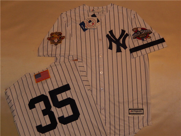 Mens New York Yankees #35 MIKE MUSSINA White Pinstripe Majestic Cooperstown 2001 World Series GAME Baseball Jersey
