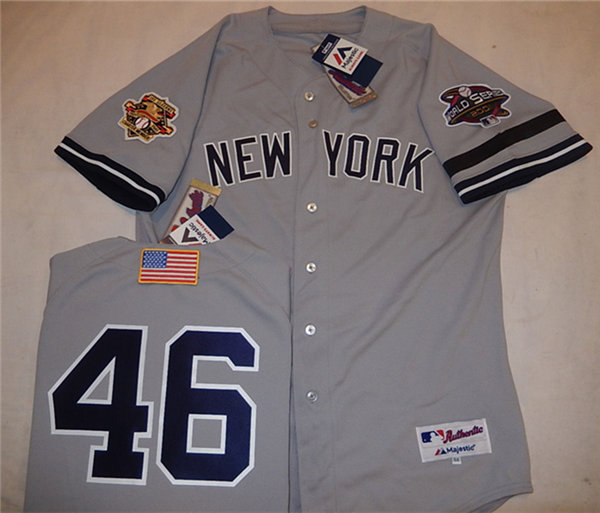Mens New York Yankees #46 ANDY PETTITTE Gray Majestic Cooperstown 2001 World Series GAME Baseball Jerseys
