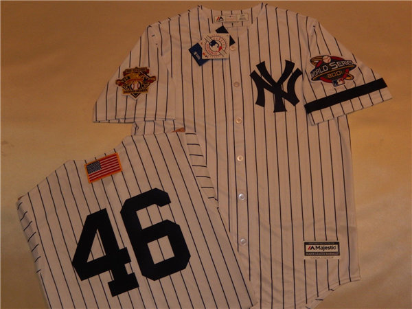 Mens New York Yankees #46 ANDY PETTITTE White Pinstripe Majestic Cooperstown 2001 World Series GAME Baseball Jerse