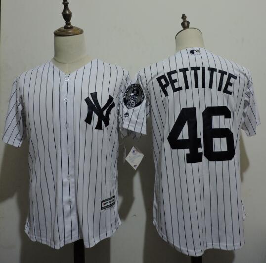 Mens New York Yankees #46 Andy Pettitte Majestic White Navy Home Cool Base Player Jersey with Retirement Patch