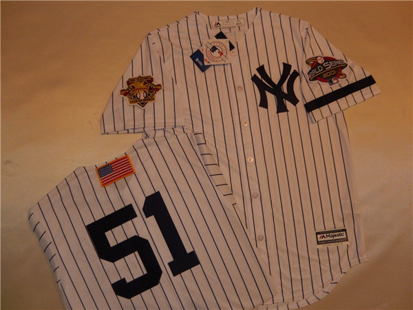 Mens New York Yankees #51 BERNIE WILLIAMS White Pinstripe Majestic Cooperstown 2001 World Series GAME Baseball Jerse