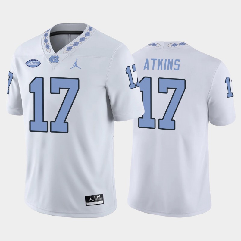 Mens North Carolina Tar Heels #17 Grayson Atkins White College Football Game Jersey 