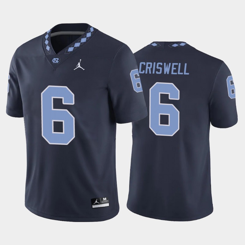 Mens North Carolina Tar Heels #6 Jacolby Criswell Navy Alternate College Football Jersey