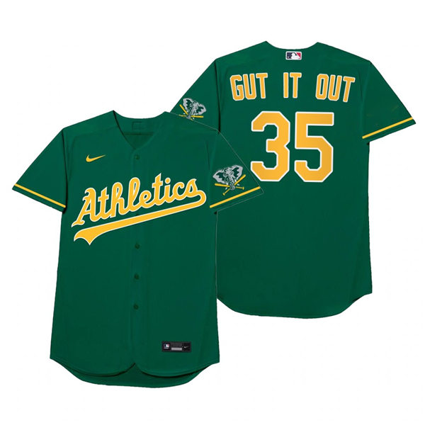Mens Oakland Athletics #35 Jake Diekman Nike Green 2021 Players' Weekend Nickname Gut It Out Jersey