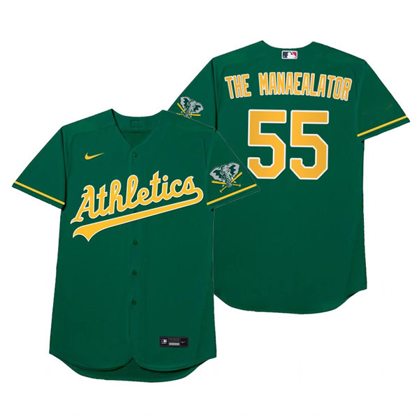 Mens Oakland Athletics #55 Sean Manaea Nike Green 2021 Players' Weekend Nickname The Manaealator Jersey