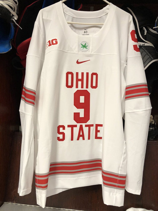 Mens Ohio State Buckeyes #9 Tanner Laczynski Nike 2018 White Ohio State College Hockey Jersey