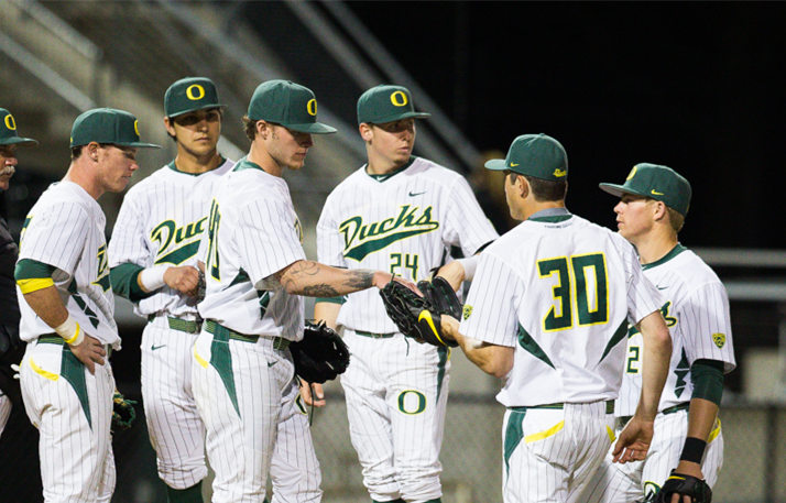 Mens Oregon Ducks Custom Kenyon Yovan Aaron Zavala Sam Novitske Anthony Hall Nike 2015 White Pinstripe Baseball Jersey