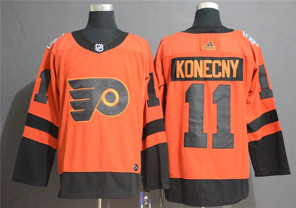 Mens Philadelphia Flyers #11 Travis Konecny adidas Orange 2019 NHL Stadium Series Jersey Stitched