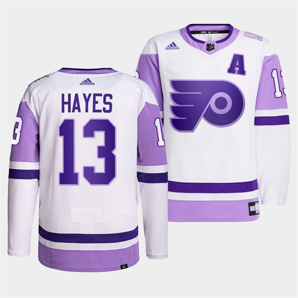 Mens Philadelphia Flyers #13 Kevin Hayes 2021-22 White Purple Hockey Fights Cancer Primegreen Jersey Stitched