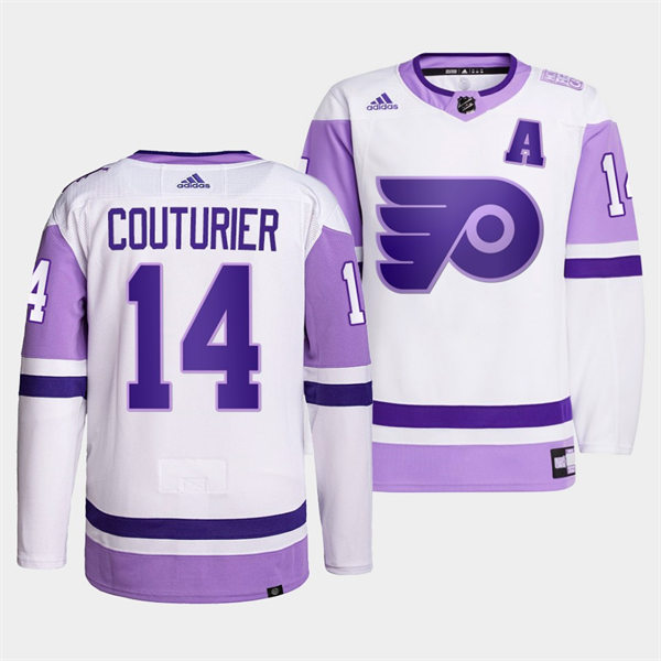 Mens Philadelphia Flyers #14 Sean Couturier 2021-22 White Purple Hockey Fights Cancer Primegreen Jersey Stitched