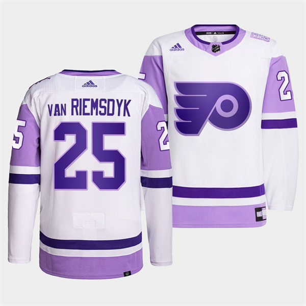 Mens Philadelphia Flyers #25 James van Riemsdyk 2021-22 White Purple Hockey Fights Cancer Primegreen Jersey Stitched