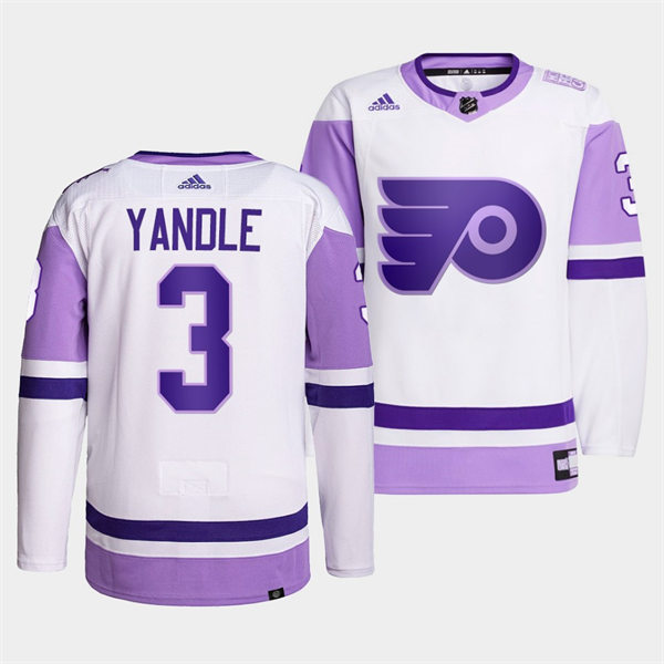 Mens Philadelphia Flyers #3 Keith Yandle 2021-22 White Purple Hockey Fights Cancer Primegreen Jersey Stitched