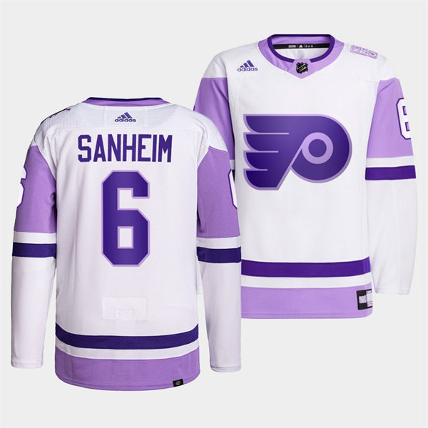Mens Philadelphia Flyers #6 Travis Sanheim 2021-22 White Purple Hockey Fights Cancer Primegreen Jersey Stitched