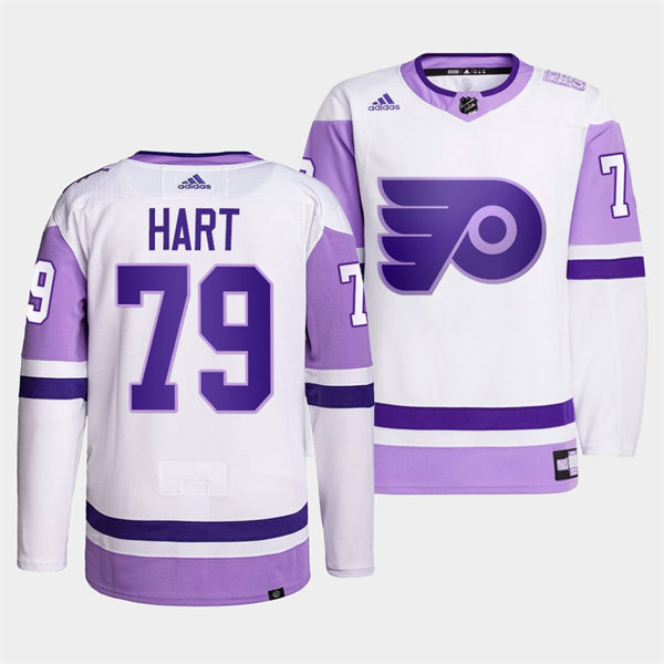Mens Philadelphia Flyers #79 Carter Hart 2021-22 White Purple Hockey Fights Cancer Primegreen Jersey Stitched