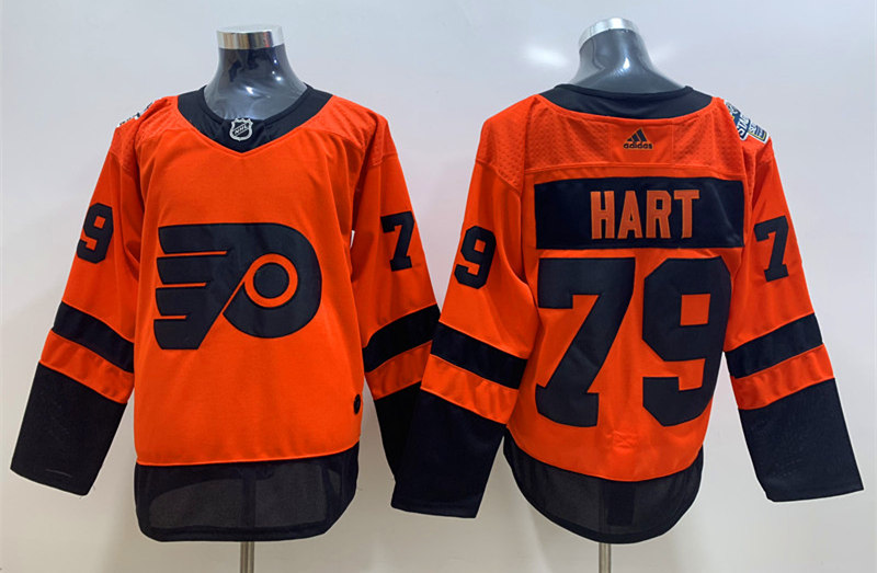 Mens Philadelphia Flyers #79 Carter Hart adidas Orange 2019 NHL Stadium Series Jersey Stitched