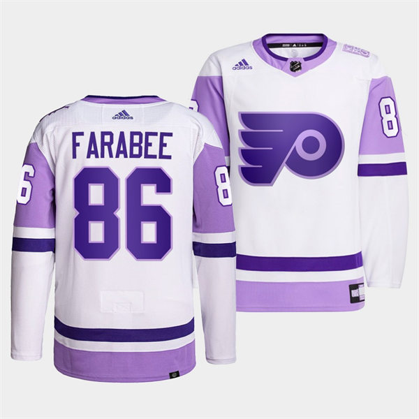 Mens Philadelphia Flyers #86 Joel Farabee 2021-22 White Purple Hockey Fights Cancer Primegreen Jersey Stitched