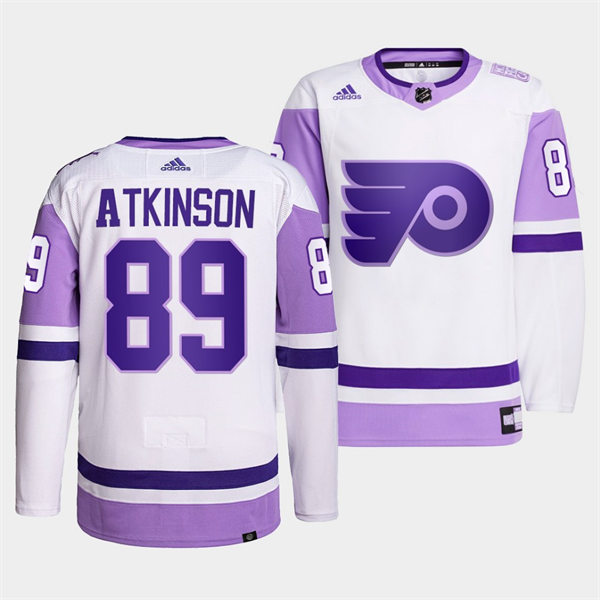 Mens Philadelphia Flyers #89 Cam Atkinson 2021-22 White Purple Hockey Fights Cancer Primegreen Jersey Stitched