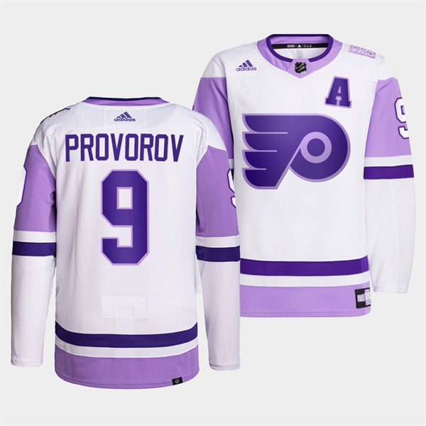 Mens Philadelphia Flyers #9 Ivan Provorov 2021-22 White Purple Hockey Fights Cancer Primegreen Jersey Stitched