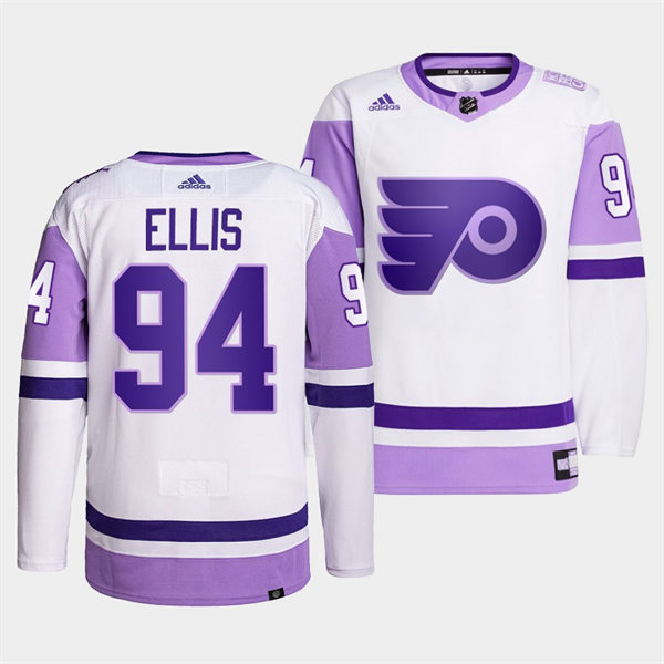 Mens Philadelphia Flyers #94 Ryan Ellis 2021-22 White Purple Hockey Fights Cancer Primegreen Jersey Stitched