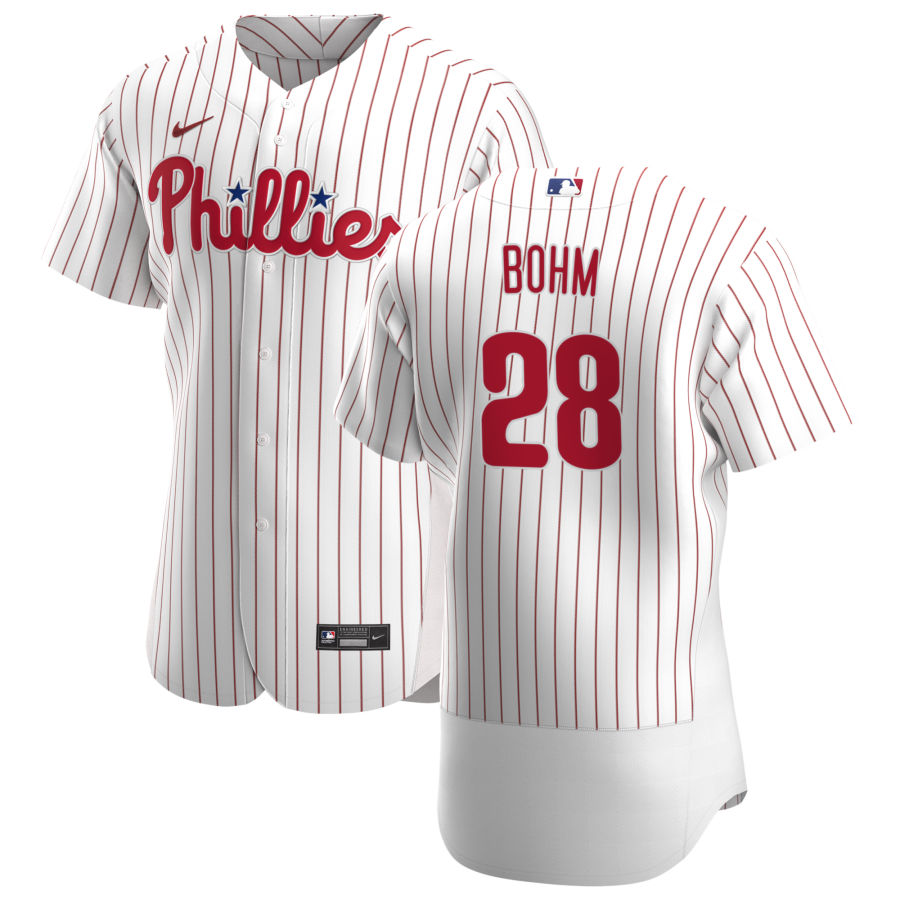 Mens Philadelphia Phillies #28 Alec Bohm Nike White Pinstripe Home Flexbase Jersey