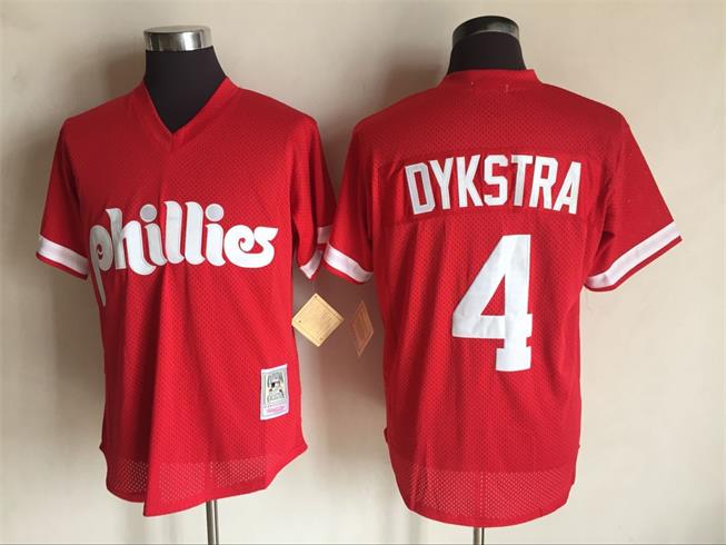 Mens Philadelphia Phillies #4 Lenny Dykstra Mitchell & Ness Cooperstown Collection Mesh Batting Practice Jersey