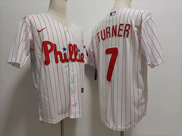 Mens Philadelphia Phillies #7 Trea Turner Nike White Pinstripe Home Coolbase Jersey