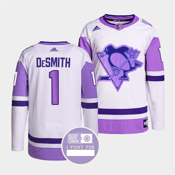 Mens Pittsburgh Penguins #1 Casey DeSmith White Purple Hockey Fights Cancer Primegreen Jersey Stitched