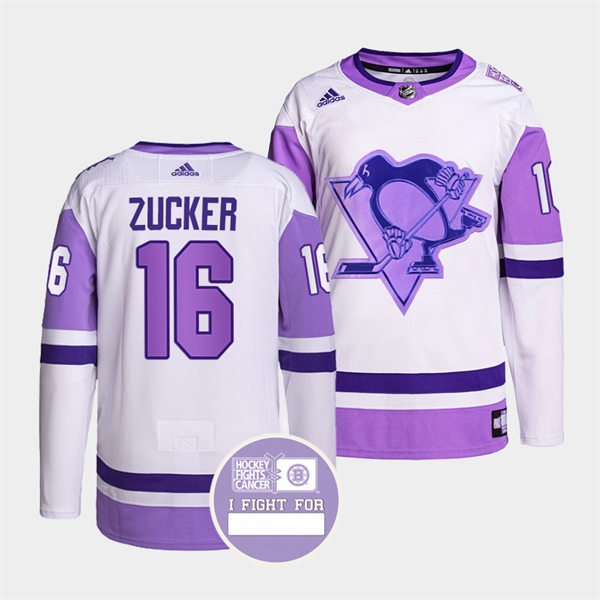 Mens Pittsburgh Penguins #16 Jason Zucker White Purple Hockey Fights Cancer Primegreen Jersey Stitched