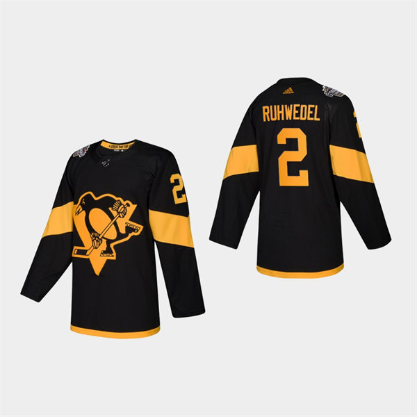Mens Pittsburgh Penguins #2 Chad Ruhwedel Black 2019 NHL Stadium Series Player Jersey Stitched