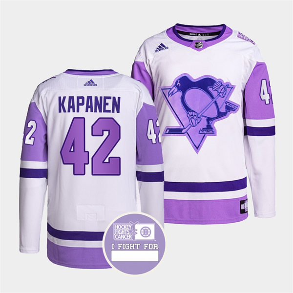 Mens Pittsburgh Penguins #42 Kasperi Kapanen White Purple Hockey Fights Cancer Primegreen Jersey Stitched