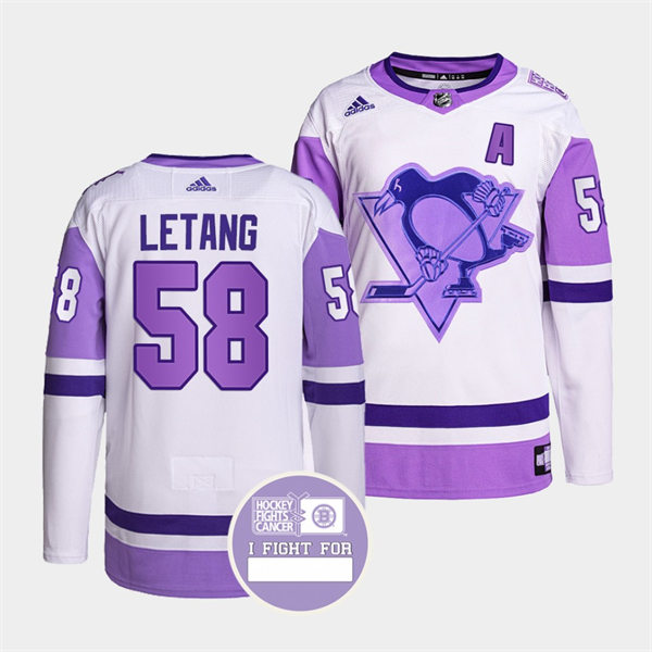 Mens Pittsburgh Penguins #58 Kris Letang White Purple Hockey Fights Cancer Primegreen Jersey Stitched