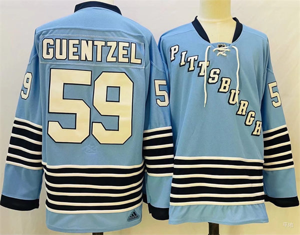 Mens Pittsburgh Penguins #59 Jake Guentzel 2022 Light Blue Team Classics Jersey Stitched