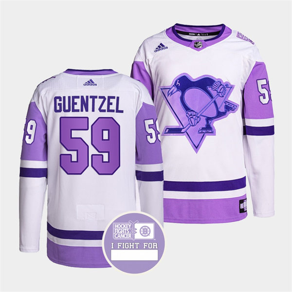 Mens Pittsburgh Penguins #59 Jake Guentzel White Purple Hockey Fights Cancer Primegreen Jersey Stitched