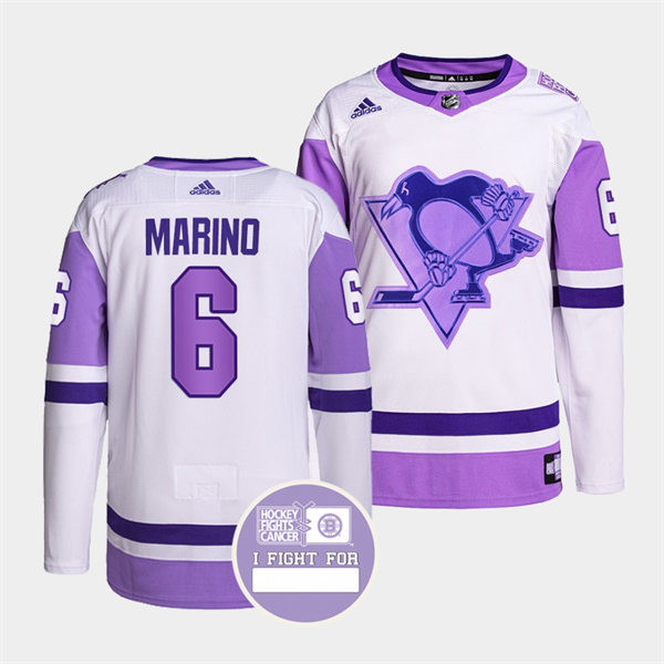 Mens Pittsburgh Penguins #6 John Marino White Purple Hockey Fights Cancer Primegreen Jersey Stitched