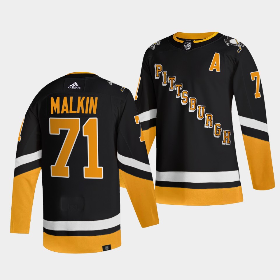 Mens Pittsburgh Penguins #71 Evgeni Malkin 2021-22 Black Alternate Throwback Jersey Stitched