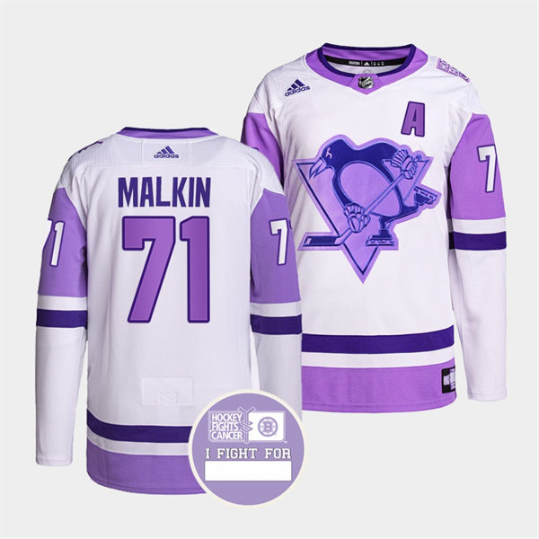 Mens Pittsburgh Penguins #71 Evgeni Malkin White Purple Hockey Fights Cancer Primegreen Jersey Stitched