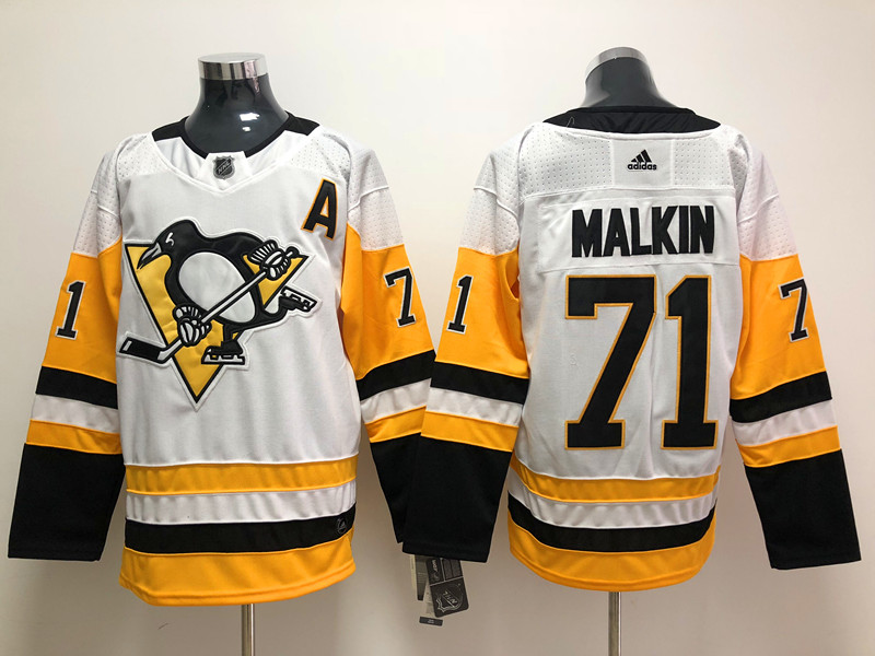Mens Pittsburgh Penguins #71 Evgeni Malkin adidas Away White Player Jersey Stitched