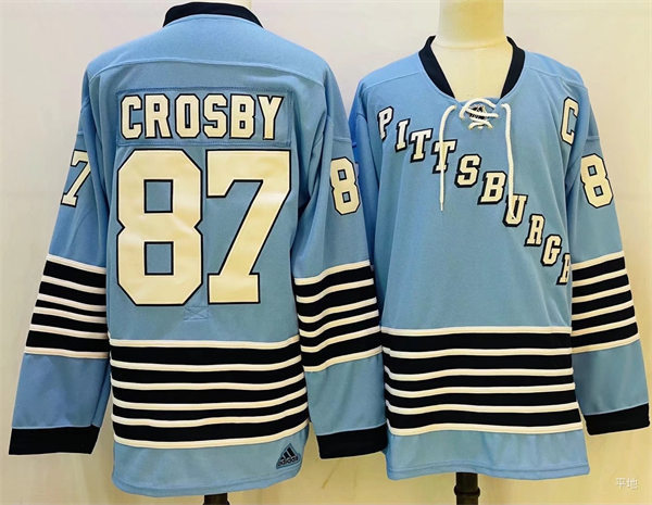 Mens Pittsburgh Penguins #87 Sidney Crosby 2022 Light Blue Team Classics Jersey Stitched
