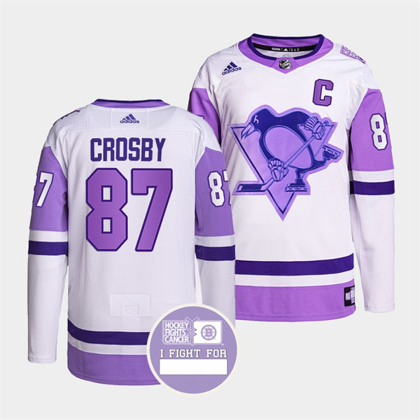 Mens Pittsburgh Penguins #87 Sidney Crosby White Purple Hockey Fights Cancer Primegreen Jersey Stitched