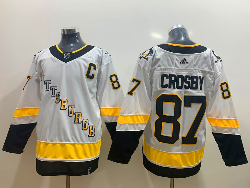 Mens Pittsburgh Penguins #87 Sidney Crosby White adidas 2020-21 Reverse Retro Special Edition Jersey Stitched