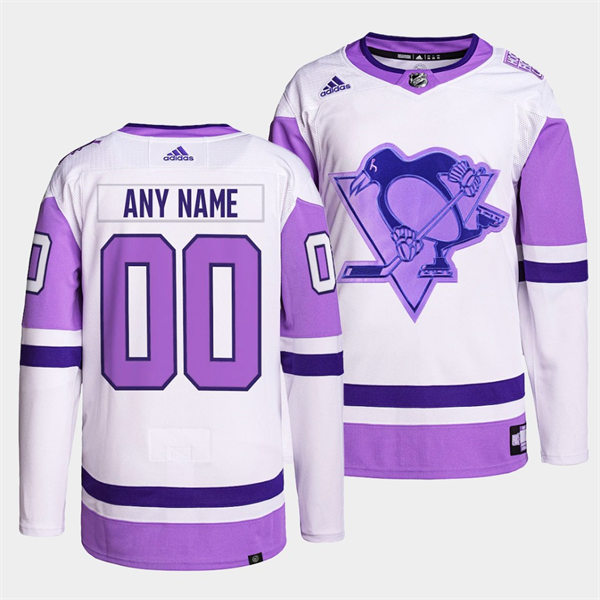 Mens Pittsburgh Penguins Custom White Purple Hockey Fights Cancer Primegreen Jersey Stitched