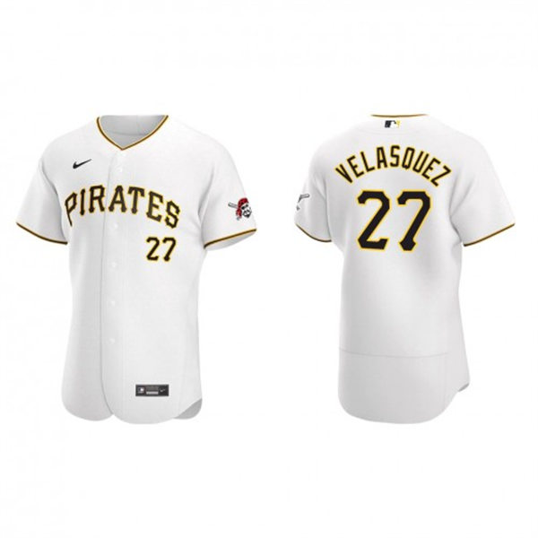 Mens Pittsburgh Pirates #27 Vince Velasquez White Home FlexBase Player Jersey