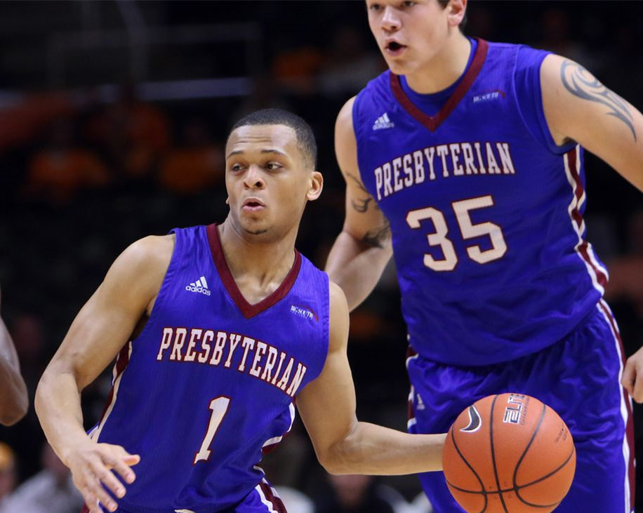Mens Presbyterian Blue Hose Custom Rayshon Harrison 24 Ambaka Le Gregam 15 Owen McCormack Adidas Blue White Number Basketball 