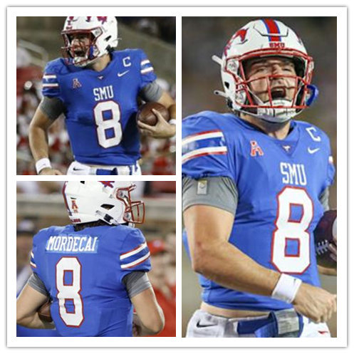 Mens SMU Mustangs #8 Tanner Mordecai Nike 2019 Blue SMU College Football Game Jersey