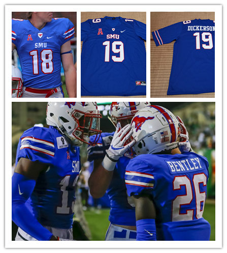 Mens SMU Mustangs Custom Tanner Mordecai Blake Mazza Eric Dickerson Courtland Sutton Nike Blue SMU Football Jersey 