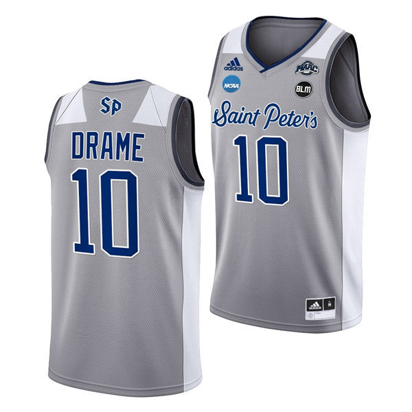 Mens Saint Peter's Peacocks #10 Fousseyni Drame Adidas Grey College Basketball Game Jersey