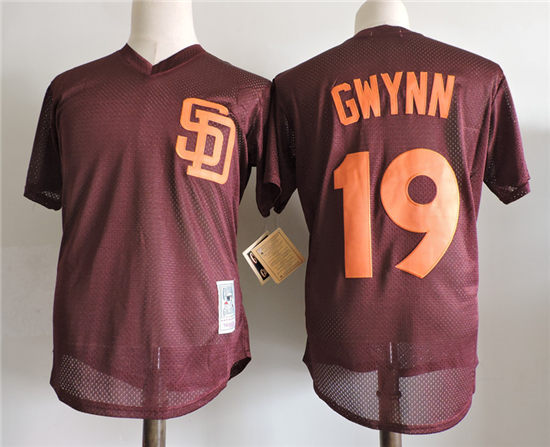 Mens San Diego Padres #19 Tony Gwynn San Diego Padres 1985 Brown Mesh Majestic Cooperstown Collection Batting Practice