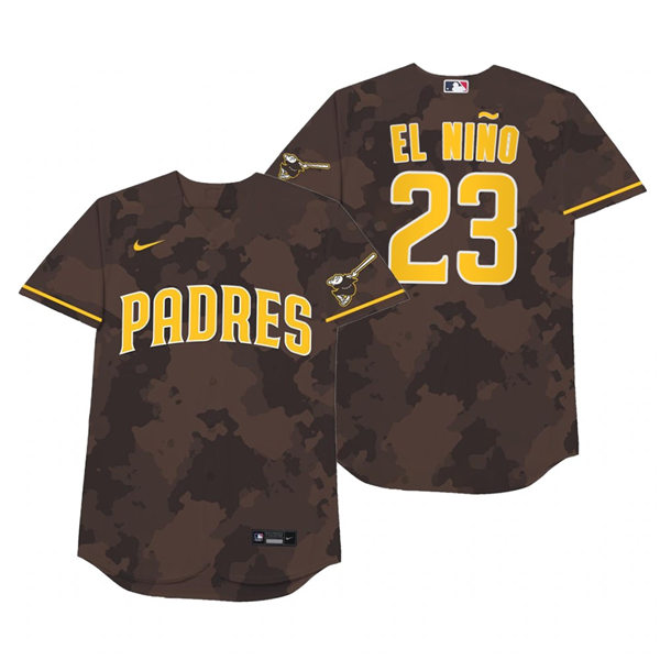Mens San Diego Padres #23 Fernando Tatis Jr. Nike Brown Camo 2021 Players' Weekend Nickname El Nino