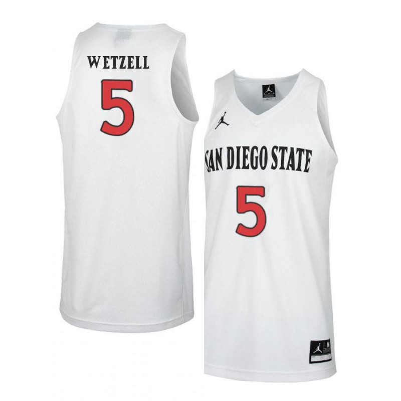 Mens San Diego State Aztecs #5 Yanni Wetzell 2018 White Jordan College Basketball Game Jersey