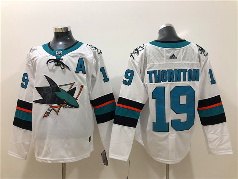 Mens San Jose Sharks #19 Joe Thornton adidas Away White Jersey Stitched
